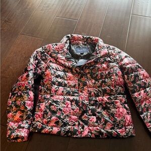 Lands' End Women's Floral Puffer Jacket - Black and Pink